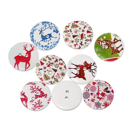 Picture of Wood Sewing Buttons Scrapbooking 2 Holes Round At Random Mixed Christmas Pattern 20mm( 6/8") Dia, 100 PCs
