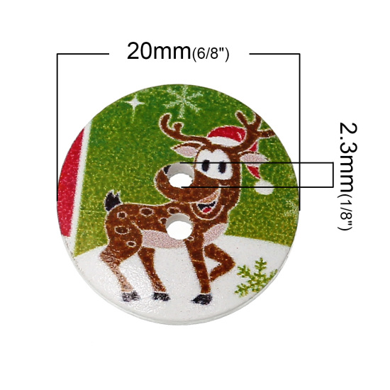 ウッド ボタン 円形  ランダムな色 二つ穴 クリスマス柄 20mm 直径、 100 個 の画像