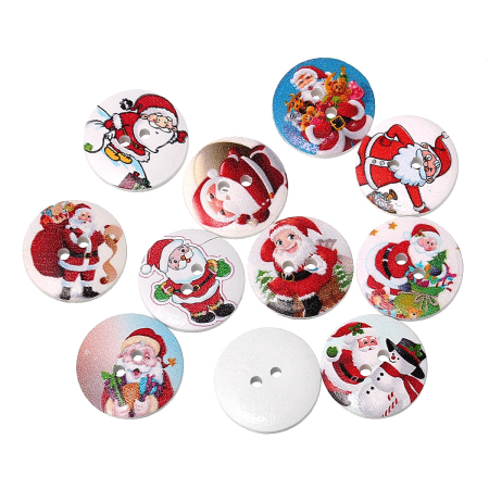 Natural Wood Sewing Buttons Scrapbooking 2 Holes Round At Random Mixed Christmas Santa Claus Pattern 20mm( 6/8") Dia, 100 PCs