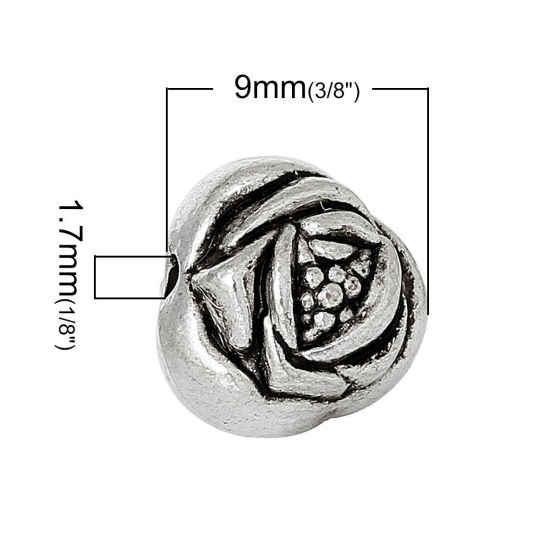 亜鉛合金 メタル/金属 スペーサー ビーズ 花 銀古美 約 10mm x 9mm、 穴：約 1.7mm、 50 個 の画像