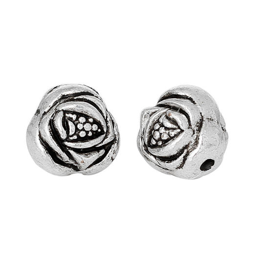 亜鉛合金 メタル/金属 スペーサー ビーズ 花 銀古美 約 10mm x 9mm、 穴：約 1.7mm、 50 個 の画像