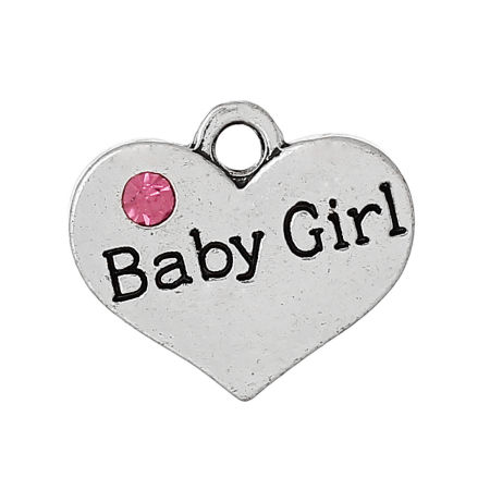 Imagen de 20 Unidades Zamak Familia Colgantes Plata Antigua Corazón Mensaje " Baby Girl " Rosa Rhinestone) 17mm x 15mm
