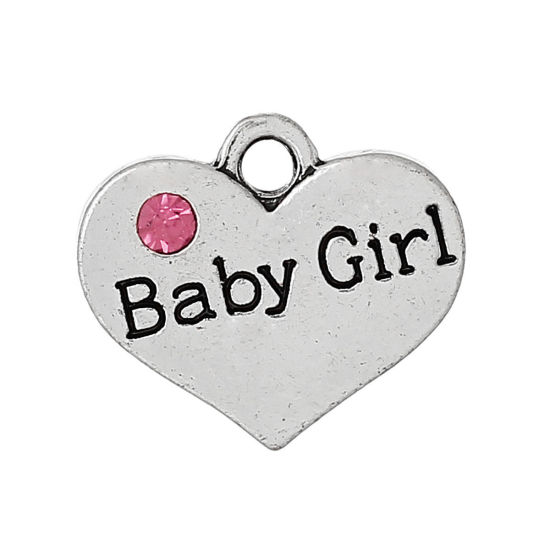 Picture of 20 PCs Zinc Based Alloy Family Jewelry Charms Antique Silver Color Heart Message " Baby Girl " Pink Rhinestone 17mm x 15mm