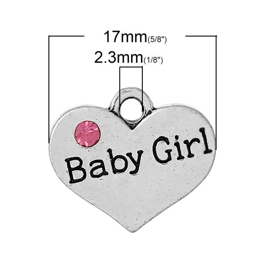 Picture of 20 PCs Zinc Based Alloy Family Jewelry Charms Antique Silver Color Heart Message " Baby Girl " Pink Rhinestone 17mm x 15mm