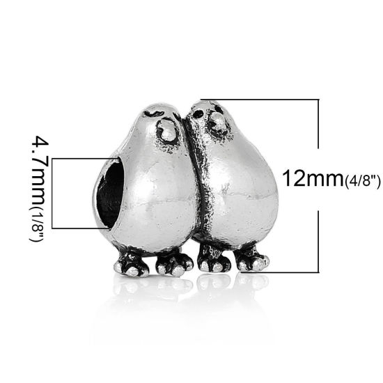 Image de Perles à Gros Trou au Style Européen en Alliage de Zinc Oiseau Argent Antique 12mm x 12mm, Tailles de Trous: 4.7mm, 20 Pcs