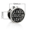 Picture of Zinc Metal Alloy European Style Large Hole Charm Beads Round Antique Silver Color Message "LIVE LAUGH LOVE" Carved About 12mm x 11mm, Hole: Approx 5mm, 10 PCs