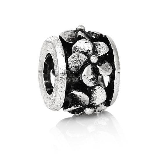 Immagine di Lega di Zinco Stile EuropeoFascino Perline Tondo Argento Antico Fiore Scolpito Circa 12mm x 9mm, Foro: Circa 5.3mm, 10 Pz