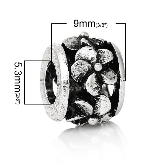 Immagine di Lega di Zinco Stile EuropeoFascino Perline Tondo Argento Antico Fiore Scolpito Circa 12mm x 9mm, Foro: Circa 5.3mm, 10 Pz