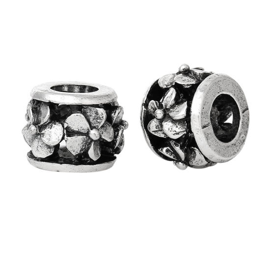 Immagine di Lega di Zinco Stile EuropeoFascino Perline Tondo Argento Antico Fiore Scolpito Circa 12mm x 9mm, Foro: Circa 5.3mm, 10 Pz