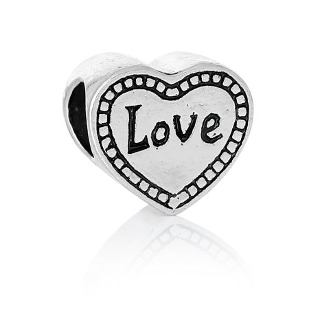 Aleación del Metal Del Zinc de Estilo Europeo Cuentas Agujeros Grandes Corazón Plata Antigua Diamantes de imitación Mensaje Patrón Amor Aprox 12mm x 11mm, Agujero: acerca de 5.4mm, 10 Unidades