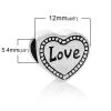 Imagen de Aleación del Metal Del Zinc de Estilo Europeo Cuentas Agujeros Grandes Corazón Plata Antigua Diamantes de imitación Mensaje Patrón Amor Aprox 12mm x 11mm, Agujero: acerca de 5.4mm, 10 Unidades