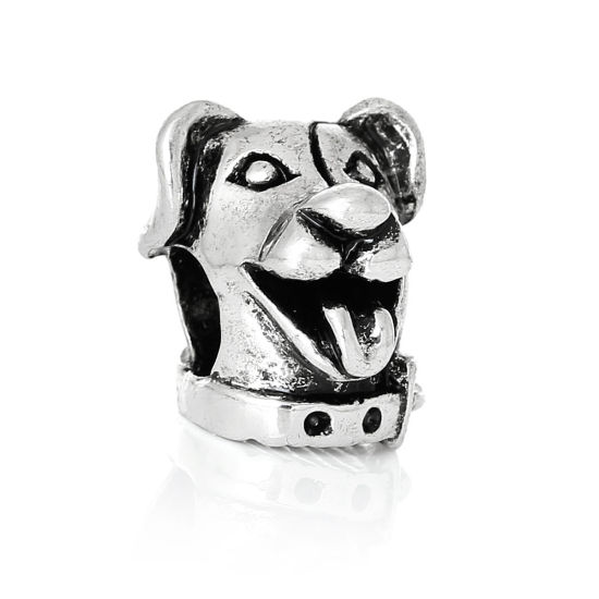 Picture of Zinc Metal Alloy European Style Large Hole Charm Beads Dog Head Antique Silver Color About 13mm x 12mm, Hole: Approx 5.3mm, 10 PCs