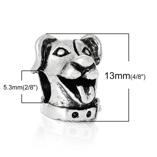 Picture of Zinc Metal Alloy European Style Large Hole Charm Beads Dog Head Antique Silver Color About 13mm x 12mm, Hole: Approx 5.3mm, 10 PCs