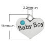 Изображение 20 ШТ Цинковый Сплав Семейные Украшения Подвески Античное Серебро Сердце Сообщение " Baby Boy " Цвет Сапфира Страз 16мм x 14мм