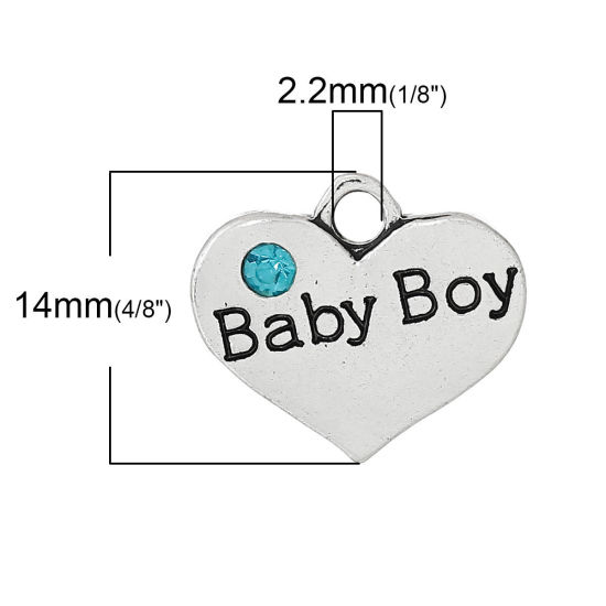 Immagine di 20 Pz Lega di Zinco Gioielli di Famiglia Ciondoli Argento Antico Cuore Lettere " Baby Boy " Zaffiro Strass 16mm x 14mm