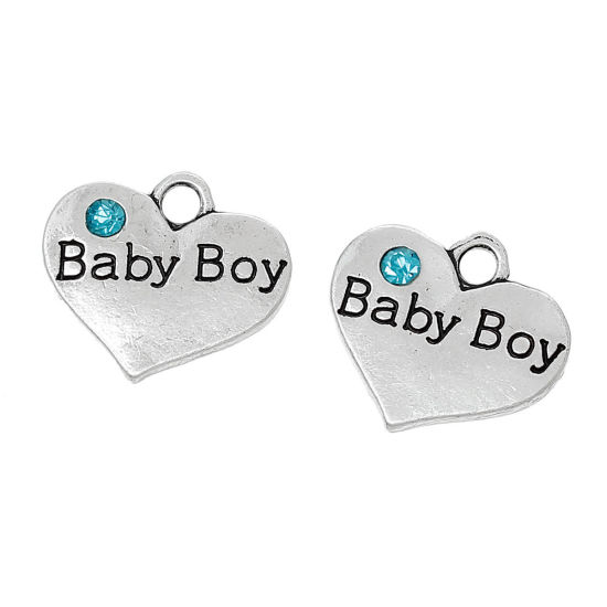 Immagine di 20 Pz Lega di Zinco Gioielli di Famiglia Ciondoli Argento Antico Cuore Lettere " Baby Boy " Zaffiro Strass 16mm x 14mm