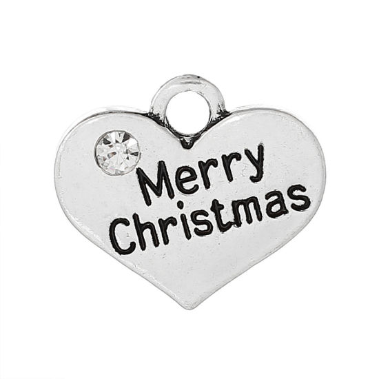 Imagen de 20 Unidades Zamak Colgantes Plata Antigua Corazón Mensaje " ¡Feliz Navidad! " Transparente Rhinestone) 17mm x 14mm