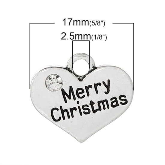 Imagen de 20 Unidades Zamak Colgantes Plata Antigua Corazón Mensaje " ¡Feliz Navidad! " Transparente Rhinestone) 17mm x 14mm