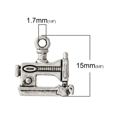 Zinc Metal Alloy Charm Pendants Sewing Machine Antique Silver Color 15mm( 5/8") x 15mm( 5/8"), 10 PCs