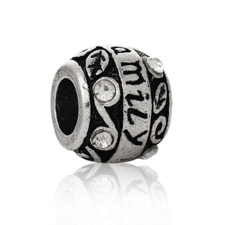 1 Piece Zinc Based Alloy Family Jewelry European Style Large Hole Charm Beads Antique Silver Color Barrel Clear Rhinestone 11mm x 9mm, Hole: Approx 5.3mm