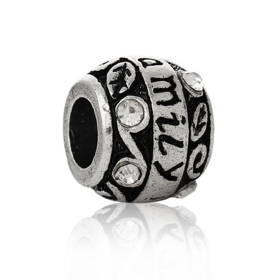Immagine di 1 Pz Lega di Zinco Gioielli di Famiglia Perline di Fascino con Foro Grande in Stile Europeo Argento Antico Barile Trasparente Strass 11mm x 9mm, Foro:Circa 5.3mm