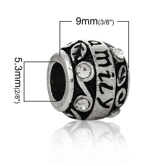 Immagine di 1 Pz Lega di Zinco Gioielli di Famiglia Perline di Fascino con Foro Grande in Stile Europeo Argento Antico Barile Trasparente Strass 11mm x 9mm, Foro:Circa 5.3mm