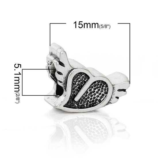 Picture of 2 PCs Zinc Based Alloy Valentine's Day European Style Large Hole Charm Beads Antique Silver Color Heart Wing 15mm x 10mm, Hole: Approx 5.1mm