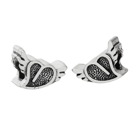 Picture of 2 PCs Zinc Based Alloy Valentine's Day European Style Large Hole Charm Beads Antique Silver Color Heart Wing 15mm x 10mm, Hole: Approx 5.1mm
