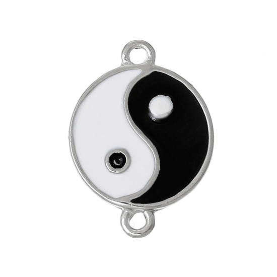 Imagen de Conectores Aleación Ronda Yin Yang Símbolo Tono de Plata Patrón Esmalte 20mm x 15mm, 10 Unidades