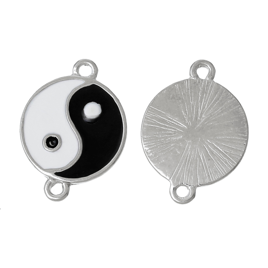 Imagen de Conectores Aleación Ronda Yin Yang Símbolo Tono de Plata Patrón Esmalte 20mm x 15mm, 10 Unidades