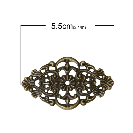 Image de Cabochons d'Embellissement Estampe en Filigrane Creux en Alliage de Fer Losange Fleurs Gravé Bronze Antique 5.5cm x 3.2cm, 100 Pcs