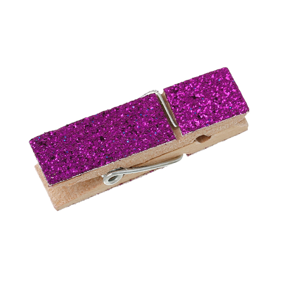 Picture of Wood Photo Paper Clothes Clothespin Clips Note Pegs Dark Purple Glitter 4.5cm x 1.4cm(1 6/8" x 4/8"), 10 PCs