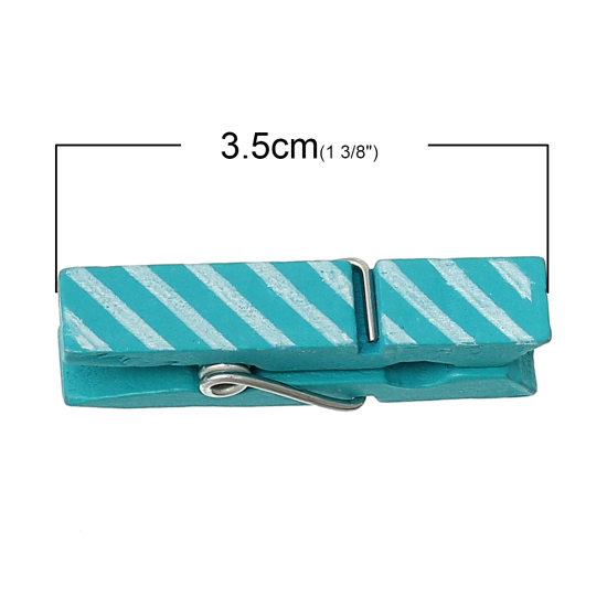 Picture of Wood Photo Paper Clothes Clothespin Clips Note Pegs Peacock Blue Stripe Pattern 3.5cm x 0.9cm(1 3/8" x 3/8"), 30 PCs