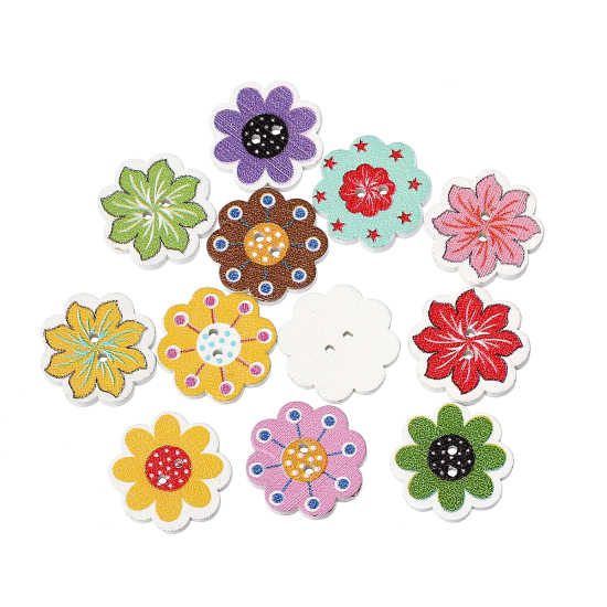 ウッド ボタン 花  ランダムな色 二つ穴 20mm x 19mm、 50 個 の画像