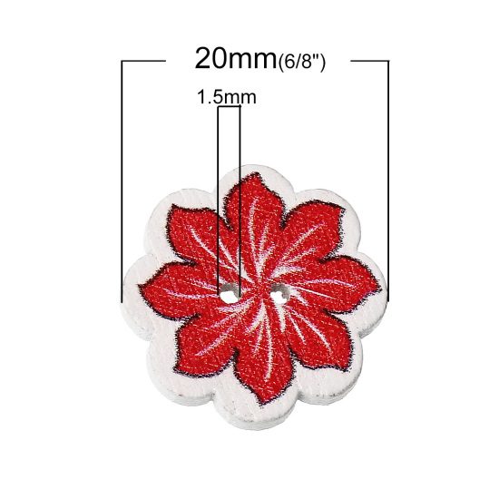 ウッド ボタン 花  ランダムな色 二つ穴 20mm x 19mm、 50 個 の画像