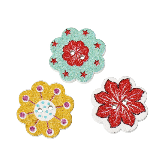 ウッド ボタン 花  ランダムな色 二つ穴 20mm x 19mm、 50 個 の画像