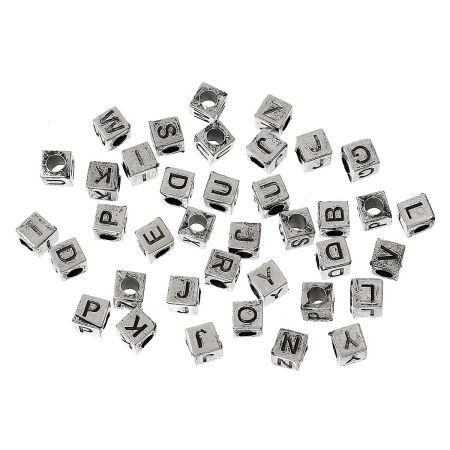 Acrylic Spacer Beads Cube Antique Silver Color At Random Mixed Alphabet/ Letter "A-Z" Carved About 6mm x 6mm, Hole: Approx 3.4mm, 500 PCs