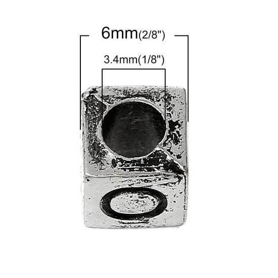 Image de Perle en Acrylique Cube Argent Vieilli Alphabet/Lettre "A-Z" au Hasard 6mm x 6mm, Taille de Trou: 3.4mm, 500 PCs
