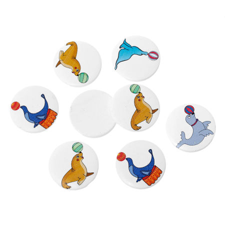 Natural Wood Embellishments Scrapbooking Round At Random Ocean Sea Lion Balancing Ball Pattern 30mm(1 1/8") Dia, 50 PCs