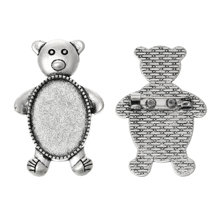 Zinc Based Alloy Pin Brooches Findings Bear Antique Silver Color Cabochon Settings (Fits 25mm x 18mm) 4.4cm x2.9cm(1 6/8" x1 1/8"), 5 PCs