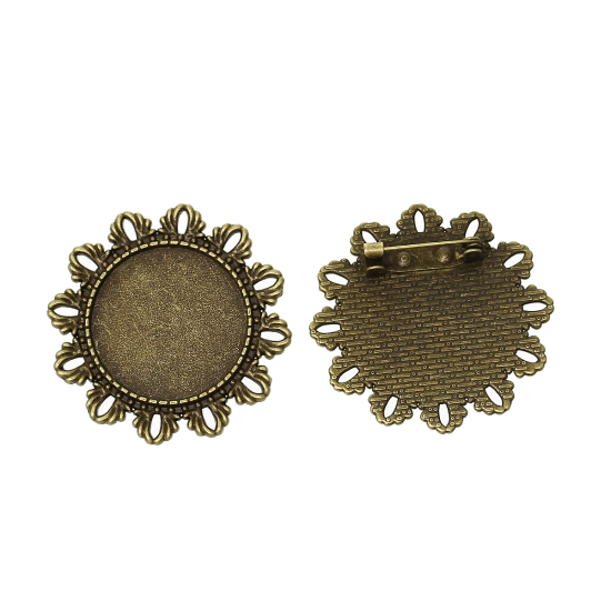 Picture of Zinc Based Alloy Pin Brooches Findings Flower Antique Bronze Cabochon Settings (Fits 25mm Dia.) 3.9cm(1 4/8") Dia., 10 PCs