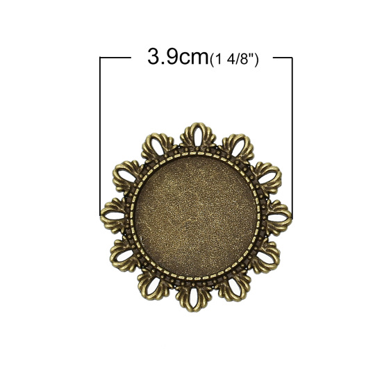 Picture of Zinc Based Alloy Pin Brooches Findings Flower Antique Bronze Cabochon Settings (Fits 25mm Dia.) 3.9cm(1 4/8") Dia., 10 PCs