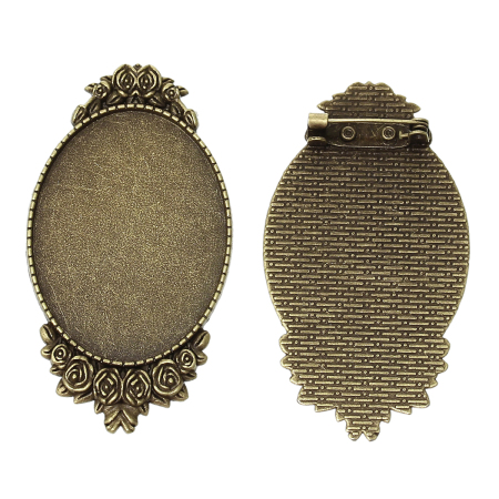 Zinc Based Alloy Pin Brooches Findings Oval Antique Bronze Cabochon Settings (Fits 4cm x 3cm) 5.9cm x3.2cm(2 3/8" x1 2/8"), 5 PCs