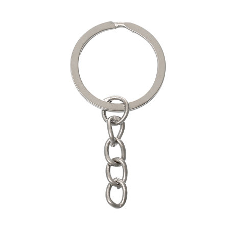 Iron Based Alloy Keychain & Keyring Round Silver Tone 51mm x 24mm, 100 PCs