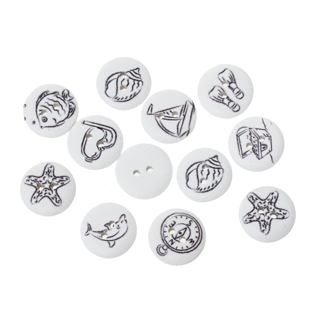 Picture of Ocean Jewelry Natural Wood Sewing Buttons Scrapbooking Round White 2 Holes At Random Mixed Pattern 18mm( 6/8") Dia, 15 PCs