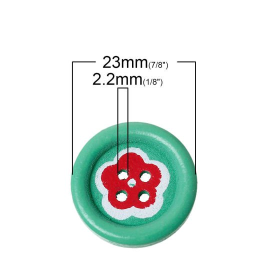 Picture of Natural Wood Sewing Buttons Scrapbooking 4 Holes Round Green Flower Pattern 23mm( 7/8") Dia, 100 PCs