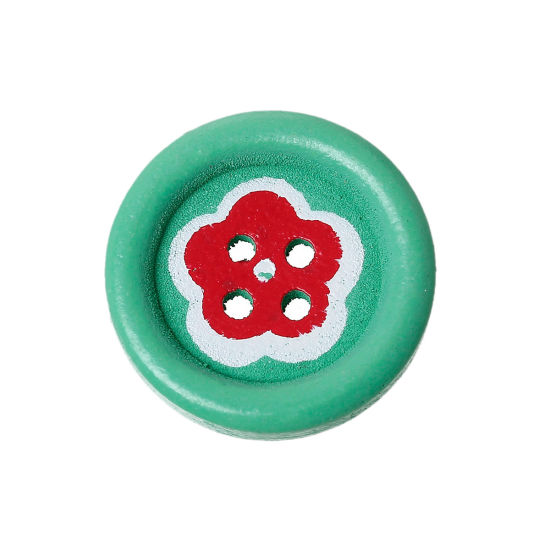 Picture of Natural Wood Sewing Buttons Scrapbooking 4 Holes Round Green Flower Pattern 23mm( 7/8") Dia, 100 PCs