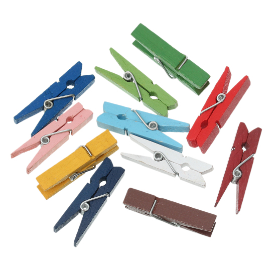Picture of Wood Photo Paper Clothes Clothespin Clips Note Pegs At Random Mixed 3.5cm x0.8cm(1 3/8" x 3/8"), 100 PCs