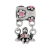 Picture of European Style Large Hole Charm Dangle Beads Little Girl On Swing Antique Silver Color Flower Pattern Pink Rhinestone 25mm x 14mm, 1 PCs