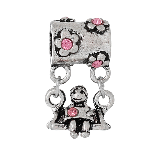 Picture of European Style Large Hole Charm Dangle Beads Little Girl On Swing Antique Silver Color Flower Pattern Pink Rhinestone 25mm x 14mm, 1 PCs